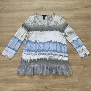 Ali Miles Tie Dye Tunic Top Roll Tab Long Sleeve Ruffle Lace Hem Gray Blue Sz XL